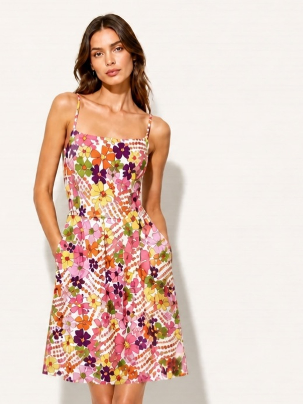 JULIE BROWN Dress Sleeveless Pink Orange Floral Sun Fit Flare Cotton Tie Belt